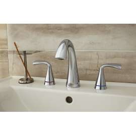 2-Handle Widespread Bathroom Faucet with Red/Blue Indicators and SC Drain in Polished Chrome