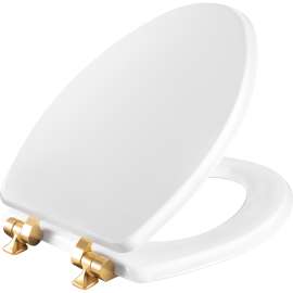 1826BGSL Mayfair by Bemis Benton(R) Elongated Enameled Wood Toilet Seat in White with Brushed Gold Hinges Featuring Stay·Tite(R) Seat Fastening System(TM) and Whisper·Close(R)