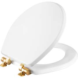826BGSL Mayfair by Bemis Benton(R) Round Enameled Wood Toilet Seat in White with Brushed Gold Hinges Featuring Stay·Tite(R) Seat Fastening System(TM) and Whisper·Close(R)