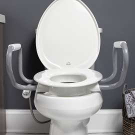 E85320H20 ARM Bemis Independence Assurance(R) with Clean·Shield(TM), Support Arms, and Personal Wash Bidet is a Plastic 3" Elevated Elongated Toilet Seat Featuring Stay·Tite(R) Commercial Fastening System(TM) and Super·Grip(R) Bumpers
