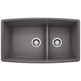 Performa SILGRANIT 33" 60/40 Double Bowl Undermount Kitchen Sink with Low Divide - Cinder, 441474
