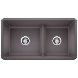 Precis SILGRANIT 33" 60/40 Reversible Double Bowl Undermount Kitchen Sink with Low Divide - Cinder, 442521