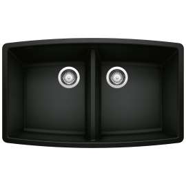 Performa SILGRANIT 33" 50/50 Double Bowl Undermount Kitchen Sink - Coal Black, 442937