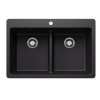 Liven SILGRANIT 33" 50/50 Double Bowl Dual Mount Kitchen Sink with Low Divide - Coal Black, 443202
