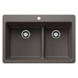 Liven SILGRANIT 33" 60/40 Double Bowl Dual Mount Kitchen Sink with Low Divide - Volcano Gray, 443216