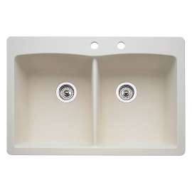 22-In X 33-In Double-Basin Granite Drop-In Or Undermount 2-Hole Residential Kitchen Sink in Biscuit