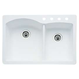 440216-4 22-In X 33-In Double-Basin Granite Drop-In Or Undermount 4-Hole Residential Kitchen Sink in White