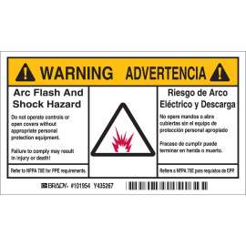 Arc Flash Labels - Self-Sticking Polyester, English/Spanish Bilingual, Pack of 5 Labels, Black/Orange on White