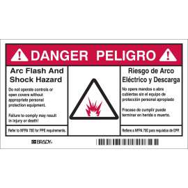 Arc Flash Labels - Self-Sticking Polyester, English/Spanish Bilingual, Pack of 5 Labels, Black/Red on White