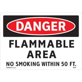 DANGER Flammable Area No Smoking Within 50' Sign, 7" H x 10" W x 0.035" D, Aluminum