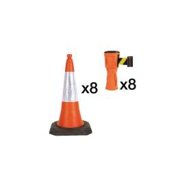 EasyExtend(R) Retractable Barrier 8 Head Unit, Black/Yellow Belt, Traffic Cone, Adapter