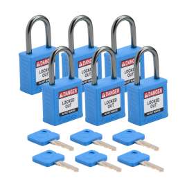 Compact Key Retaining Padlocks Nylon 1 in Aluminum Shackle KA Blue 6PK