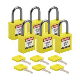 Compact Key Retaining Padlocks Nylon 1 in Aluminum Shackle KA Yellow 6PK