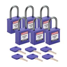 Compact Key Retaining Padlocks Nylon 1 in Aluminum Shackle KA Purple 6PK