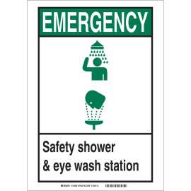 EMERGENCY Safety Shower & Eye Wash Station Sign, 7" H x 5" W x 0.006" D, Polyester