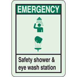 BradyGlo EMERGENCY Safety Shower & Eye Wash Station Sign, 10" H x 7" W x 0.063" D, Polystyrene