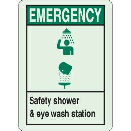 BradyGlo EMERGENCY Safety Shower & Eye Wash Station Sign, 14" H x 10" W x 0.063" D, Polystyrene