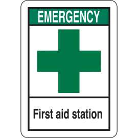EMERGENCY First Aid Station Sign, 10" H x 7" W x 0.006" D, Polyester