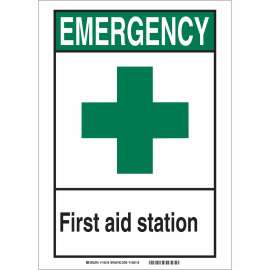 EMERGENCY First Aid Station Sign, 35.56" H x 10" W x 0.006" D, Polyester