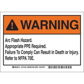Arc Flash Labels, Refer to NFPA 70E - Adhesive Vinyl, 5" H x 7" W x 0.004" D, Pack of 5 Labels, Black/Orange on White