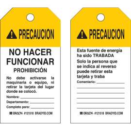 Lockout Tagout Tag PRECAUCION Paper 5.75 x 3 Black, Yellow on White 25/PK