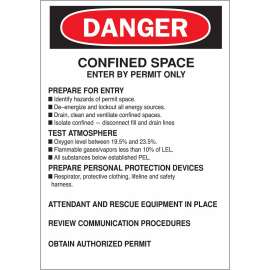 DANGER Confined Space Sign, 10" H x 7" W x 0.035" D, Aluminum