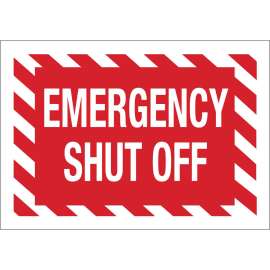 Emergency Shut Off Sign, 10" H x 14" W x 0.06" D, White on Red, Polystyrene