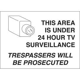 This Area Is Under 24 Hour TV Surveillance Trespassers Will Be Prosecuted Sign, 10" H x 14" W x 0.1" D, Black on White