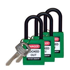 Standard Key Retaining Lockout Nylon Padlock 1.5 in Nylon Shackle KA Green 3PK