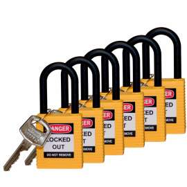 Standard Key Retaining Lockout Nylon Padlock 1.5 in Nylon Shackle KD Yellow 6PK