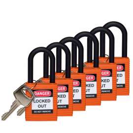 Standard Key Retaining Lockout Nylon Padlock 1.5 in Nylon Shackle KD Orange 6PK