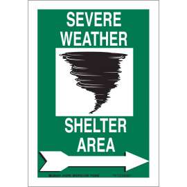 Severe Weather Shelter Area Sign, 10" H x 7" W x 0.06" D, Black/White on Green, Polystyrene