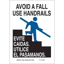 Bilingual Avoid A Fall Use Handrails Sign, 14" H x 10" W x 0.006" D, Polyester