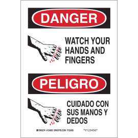 Bilingual DANGER Watch Your Hands And Fingers Sign, 10" H x 7" W x 0.035" D, Aluminum