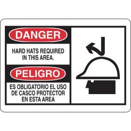 Bilingual DANGER Hard Hat Required In This Area Sign, 10" H x 14" W x 0.006" D, Polyester