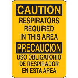 Bilingual CAUTION Respirators Required In This Area Sign, 10" H x 7" W x 0.06" D, Polystyrene