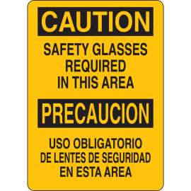 Bilingual CAUTION Safety Glasses Required In This Area Sign, 14" H x 10" W x 0.06" D, Polystyrene, Black on Yellow