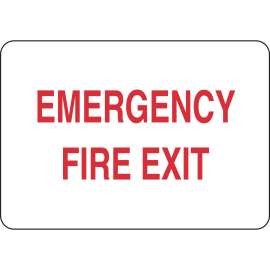 Emergency Fire Exit Sign, 7" H x 10" W x 0.035" D, Red on White, Aluminum