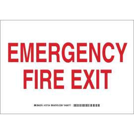 Emergency Fire Exit Sign, 10" H x 14" W x 0.06" D, Red on White, Polystyrene