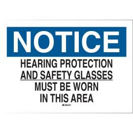 NOTICE Hearing Protection And Safety Glasses Must Be Worn In This Area Sign, 7" H x 10" W x 0.006" D, Polyester