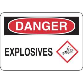 DANGER Explosives w/Pictogram Sign, 7" H x 10" W x 0.006" D, Polyester