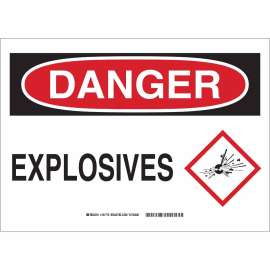 DANGER Explosives w/Pictogram Sign, 10" H x 14" W x 0.1" D, Fiberglass