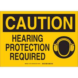 CAUTION Hearing Protection Required w/ Pictogram Sign, 10" H x 14" W x 0.006" D, Polyester