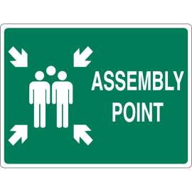 Assembly Point Sign, 18" H x 24" W x 0.06" D, Green on White, Polystyrene, Pictogram w/Arrows and Text