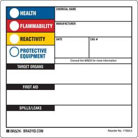 HEALTH, FLAMMABILITY, REACTIVITY, PROTECTIVE EQUIPMENT..., 6" H x 6" W, Black/Blue/Red/Yellow on White, Roll of 250 Labels