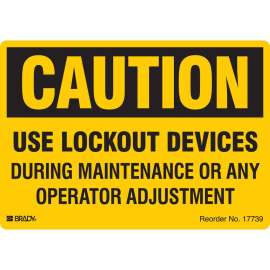 USE LOCKOUT DEVICES DURING MAINTENANCE OR ANY OPERATOR ADJUSTMENT, 3.5" H x 5" W, Black on Yellow, Pack of 25 Labels