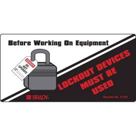 Before Working On Equipment LOCKOUT DEVICE MUST BE USED, 2" H x 4" W, Black/Gray/Red on White, Pack of 25 Labels