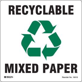 RECYCLABLE MIXED PAPER, 5" H x 5" W, Black/Green on White, Pack of 5 Labels