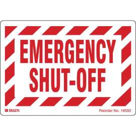 EMERGENCY SHUT-OFF, 3.5" H x 5" W, Red on White, Pack of 25 Labels