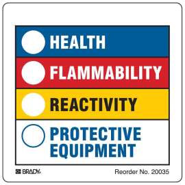 HEALTH, FLAMMABILITY, REACTIVITY, PROTECTIVE EQUIPMENT, 3.875" H x 3.875" W, Black/Blue/Red/Yellow on White, Pack of 100 Labels
